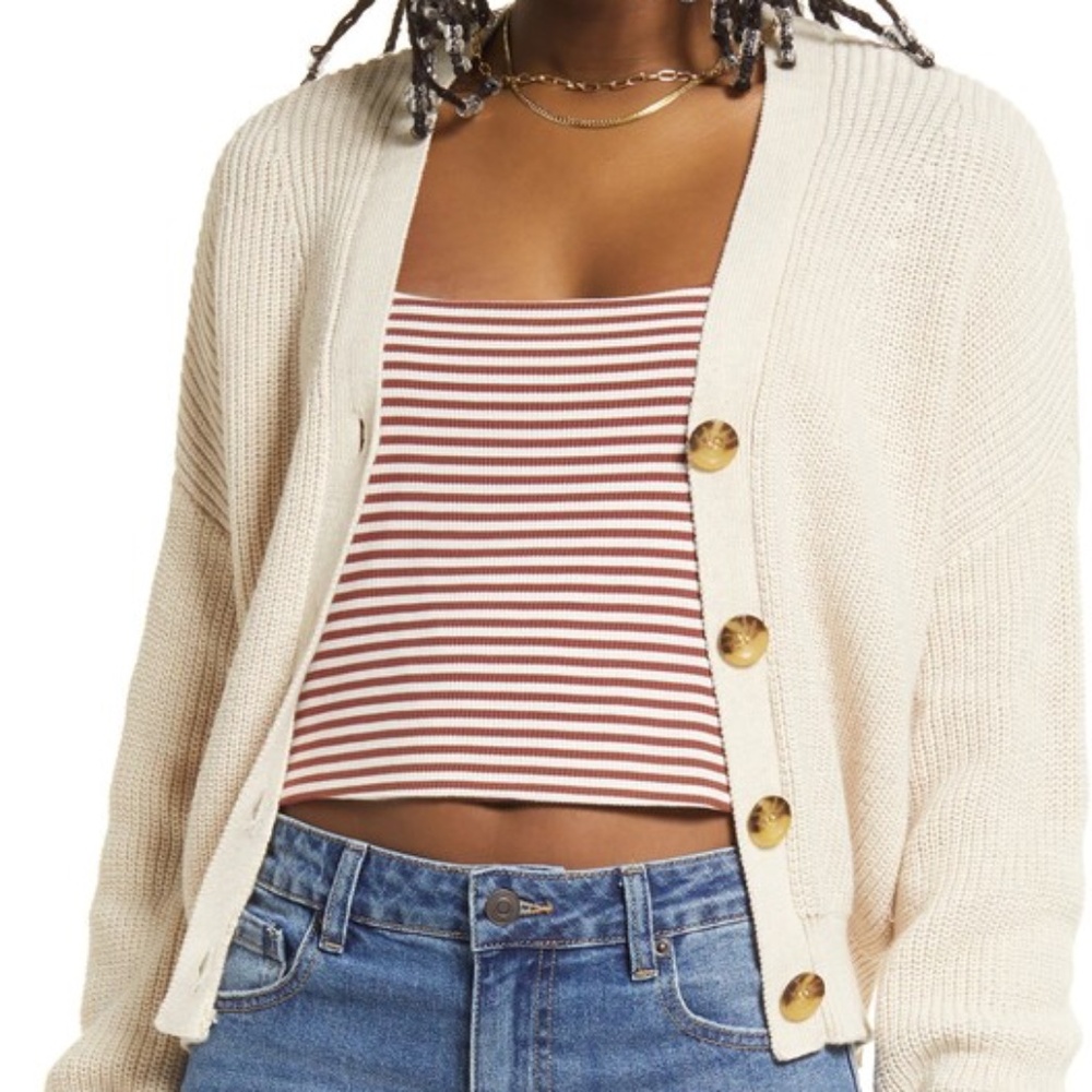 BP Tan 100% Cotton RIbbed Knit Long Sleeve Button Up Cardigan Size L Large